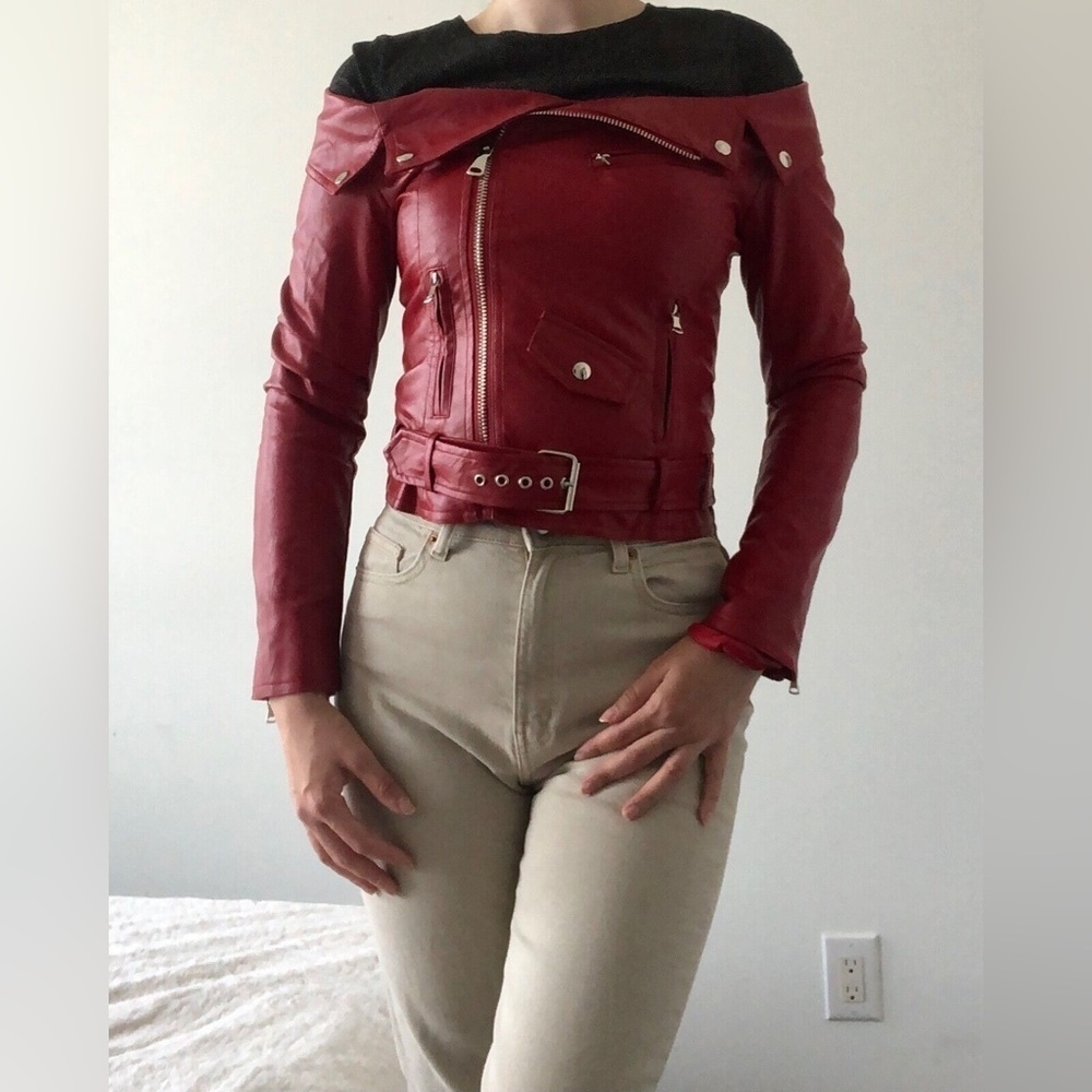 Casting LA red faux leather off the shoulder moto jacket biker XS sexy club nigh